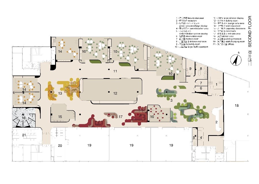 Second-floor plan of MTG Learning Center, showing classrooms, public areas, and circulation.